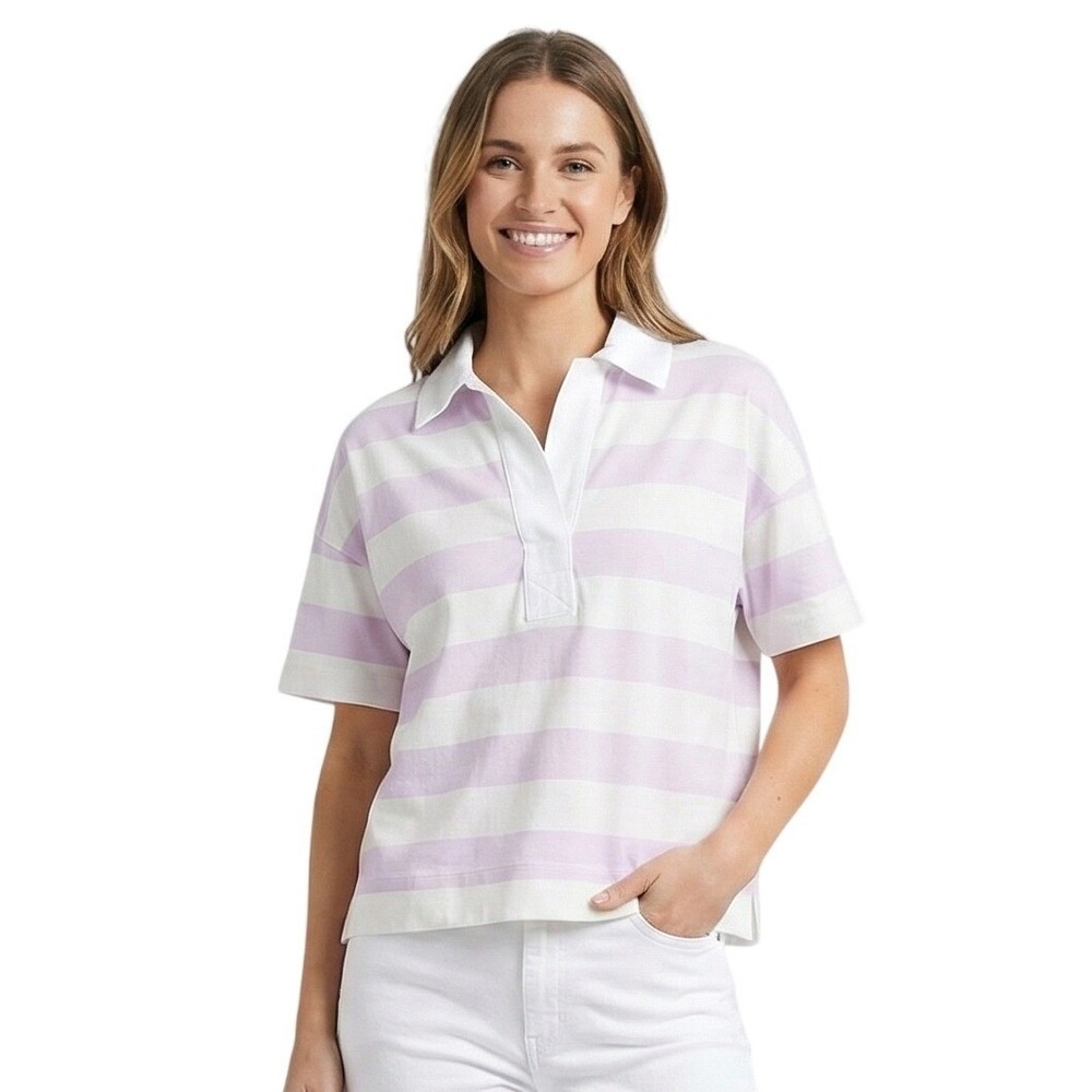 Everlane Polo Shirt Womens XS Purple White Striped Organic Cotton Oversized Boxy